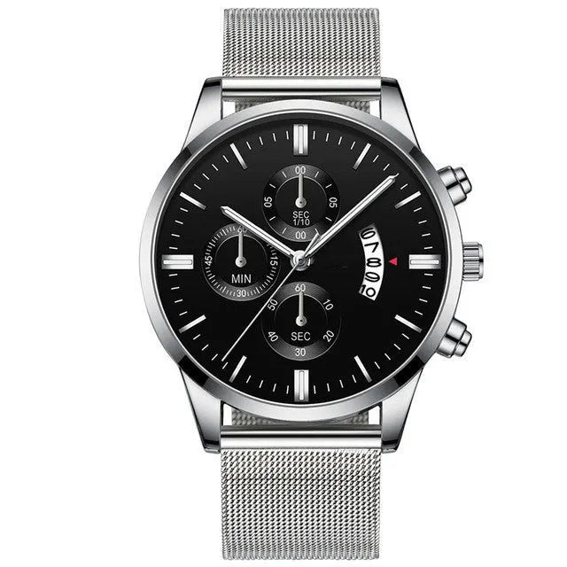 Men's stainless steel mesh band quartz watch with analog display in multiple colour options