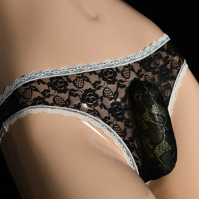 Men's lace triangle briefs with vertical bag egg design and penis cover in black colour