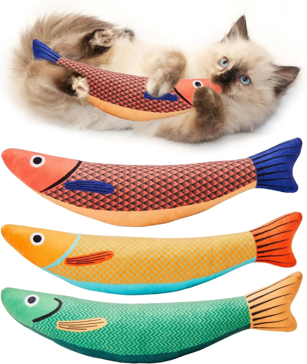 Soft plush catnip fish kicker toy in green, orange, or yellow colours for interactive cat play