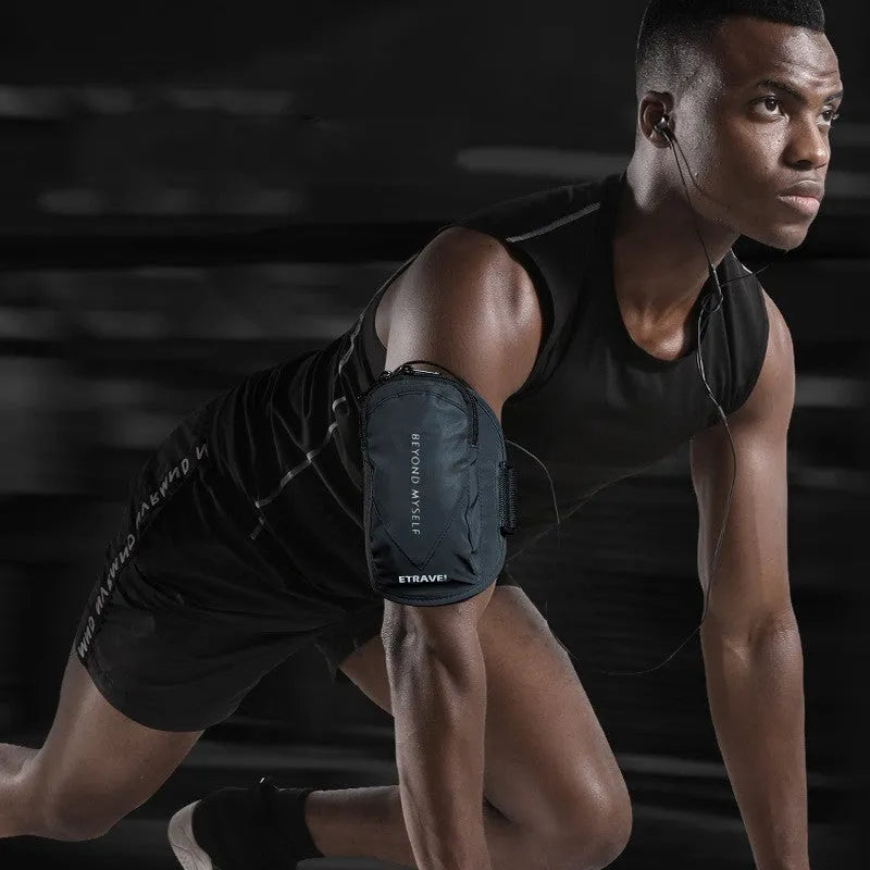 Reflective running arm bag with adjustable strap showing capacity for 7-inch phones