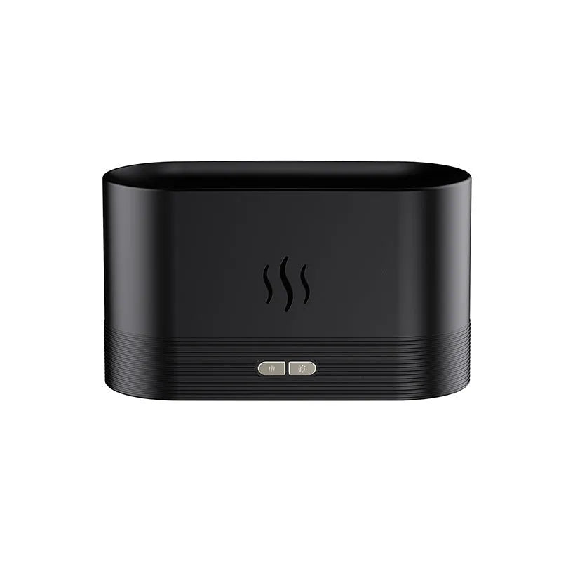 Square 180ml ultrasonic aroma diffuser with flame LED light in black, on a desk with visible mist