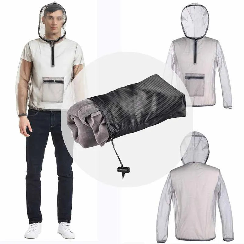 Grey breathable mesh insect bite jacket for outdoor camping and hiking, front view