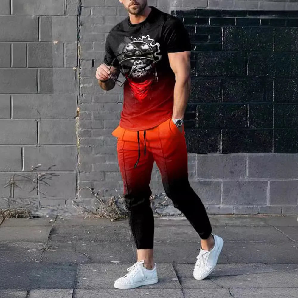 Men's short sleeve printed top and trouser sport suit set in polyester blend fabric.