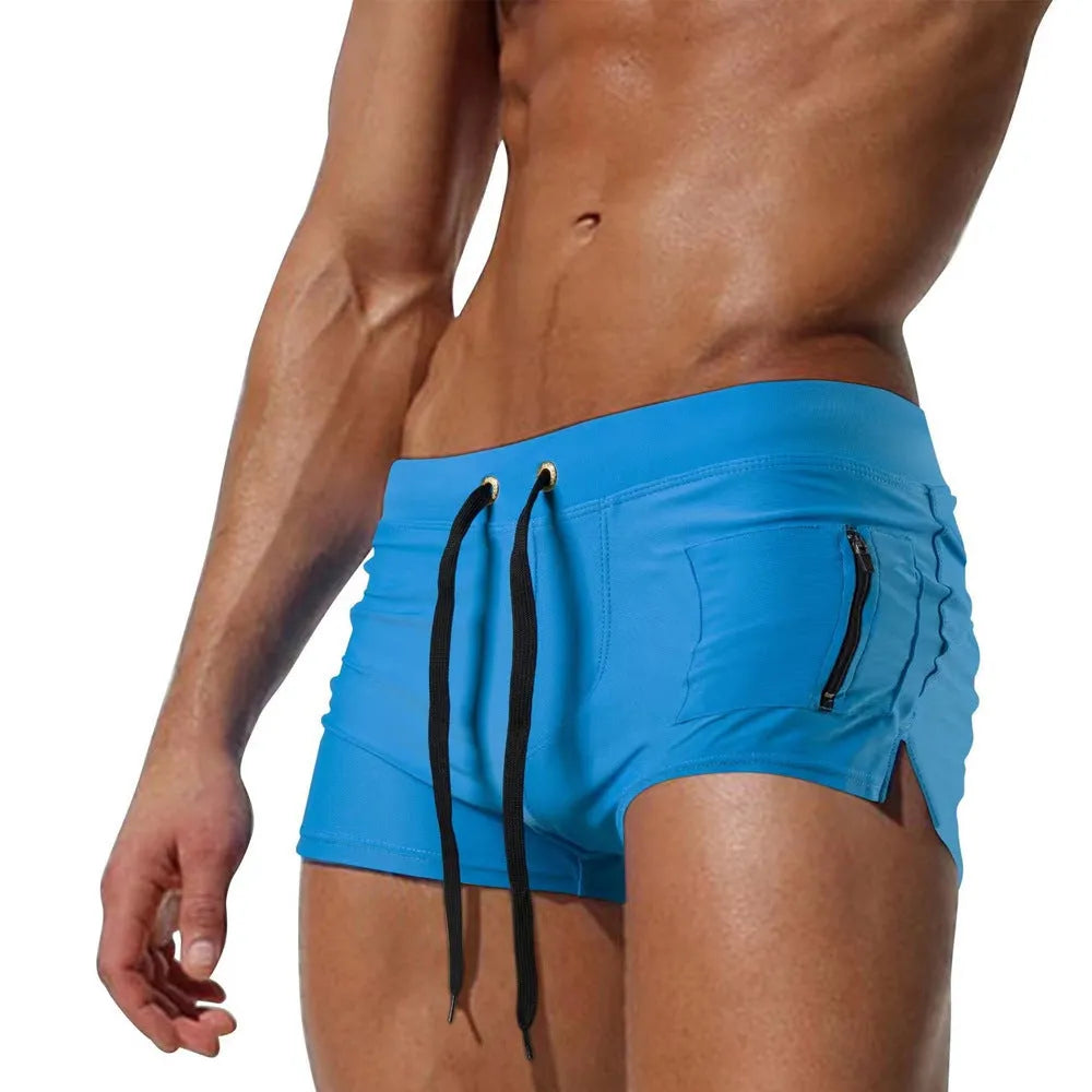 Men's black high waist swimming trunks with lace-up front in brief style