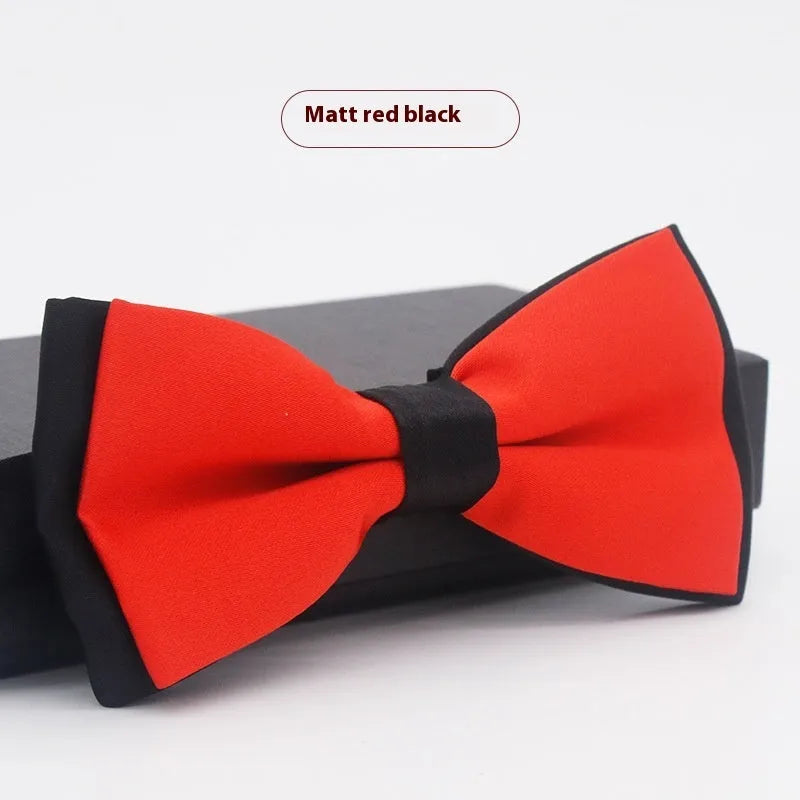 Men's flat head style polyester bow tie in a solid colour, shown with adjustable neck strap.