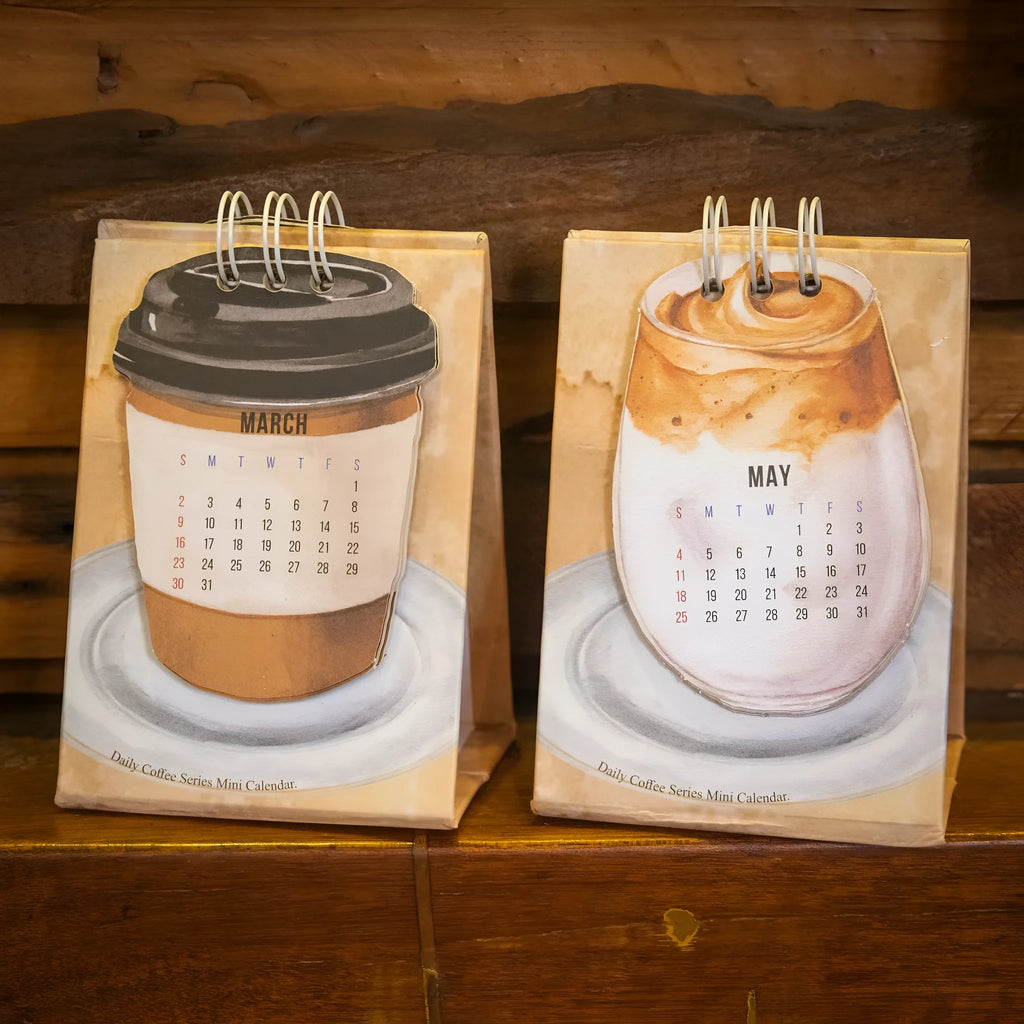 Coffee themed mini desk calendar 2025 with ten different daily designs including Coffee Time and Life Is Not Easy