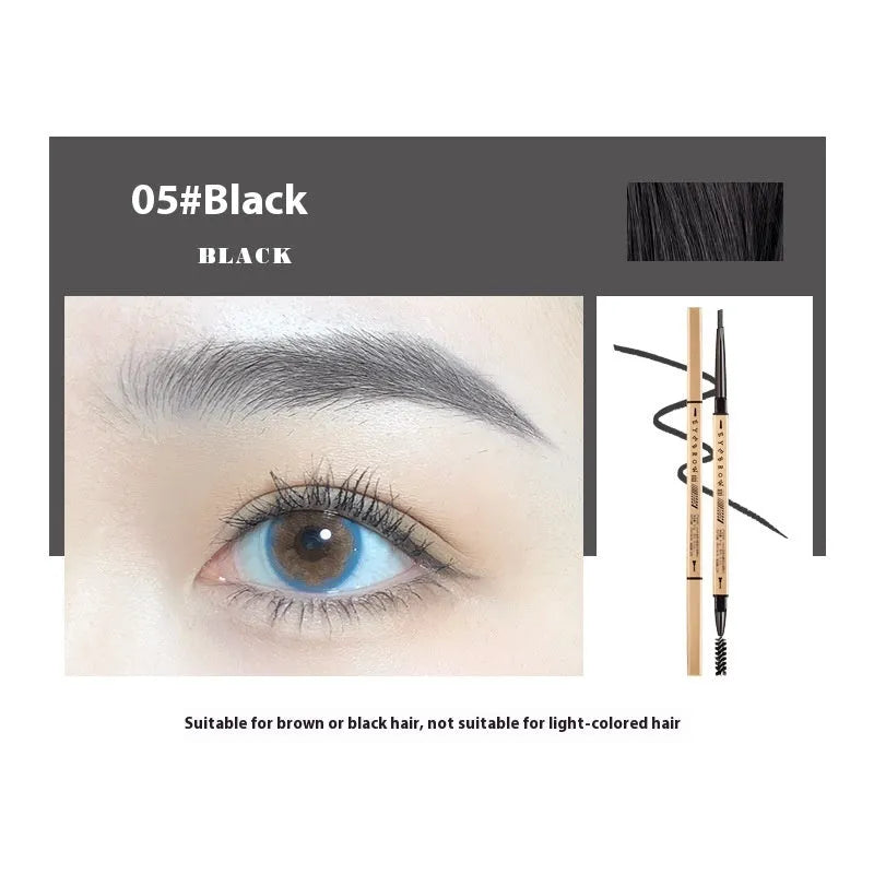 Small Gold ultra-fine tip eyebrow pencil in five colour shades: light brown, kaki brown, dark brown, grey black, and black.