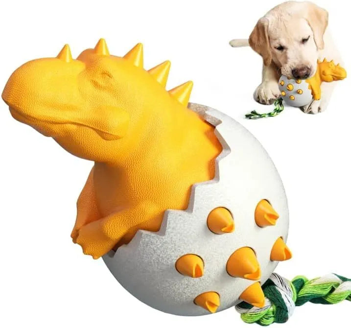 Dinosaur-shaped natural rubber dog chew toy with rope attachment in blue, green, orange or yellow