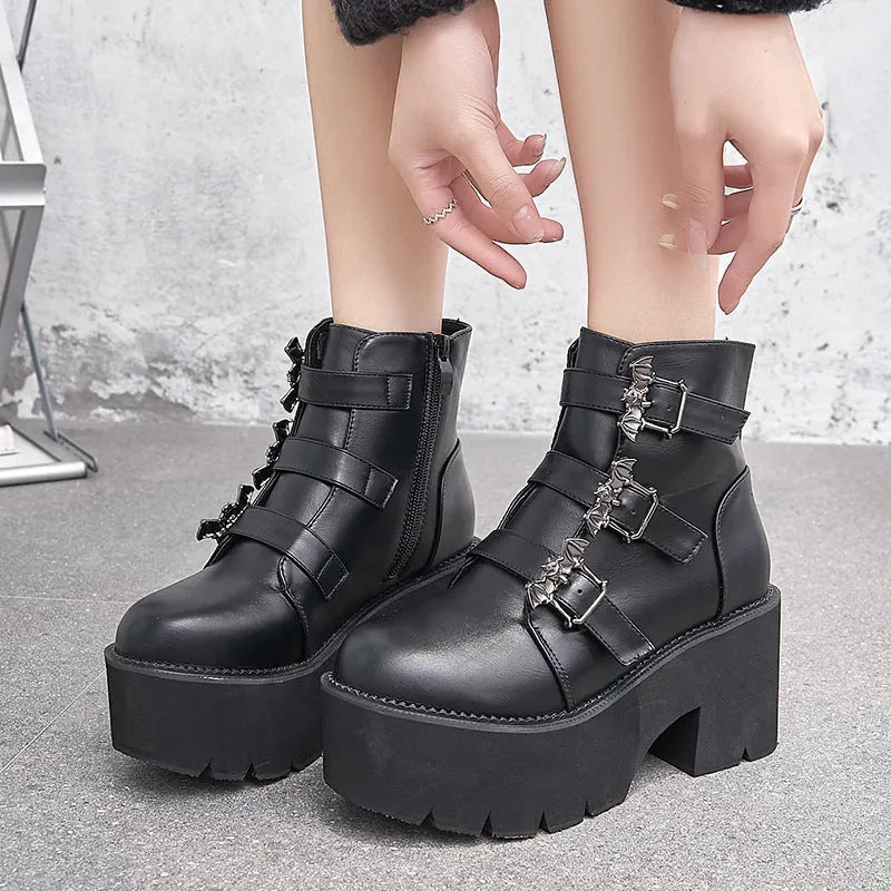 Black Gothic short boots with bat buckle, thick heel, and side zipper for Harajuku punk style