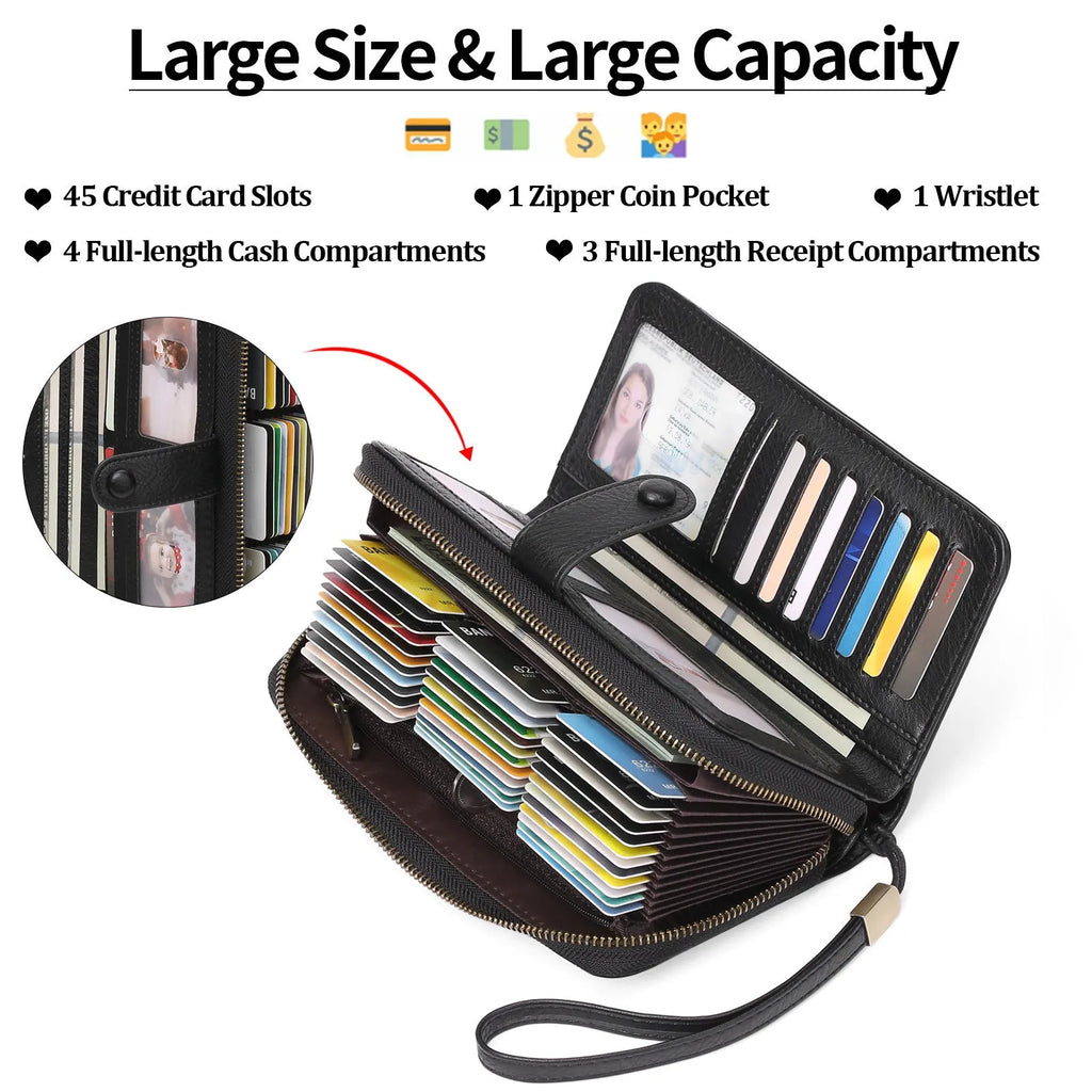 Women's long expanding card holder wallet in synthetic leather with anti-theft swiping feature