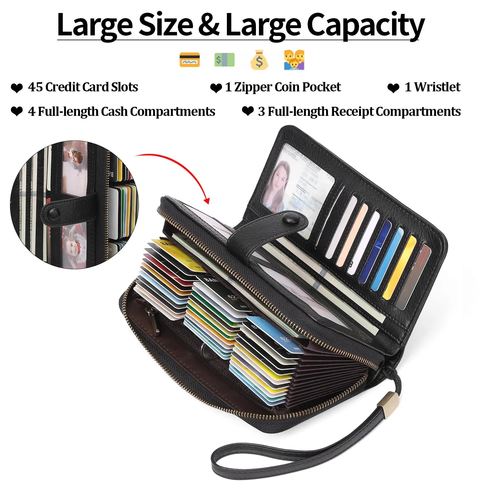 Women's long expanding card holder wallet in synthetic leather with anti-theft swiping feature
