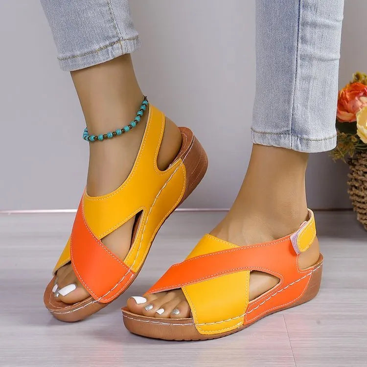 Women's summer colourblock cross-strap wedges sandals with Velcro fastening in round toe style