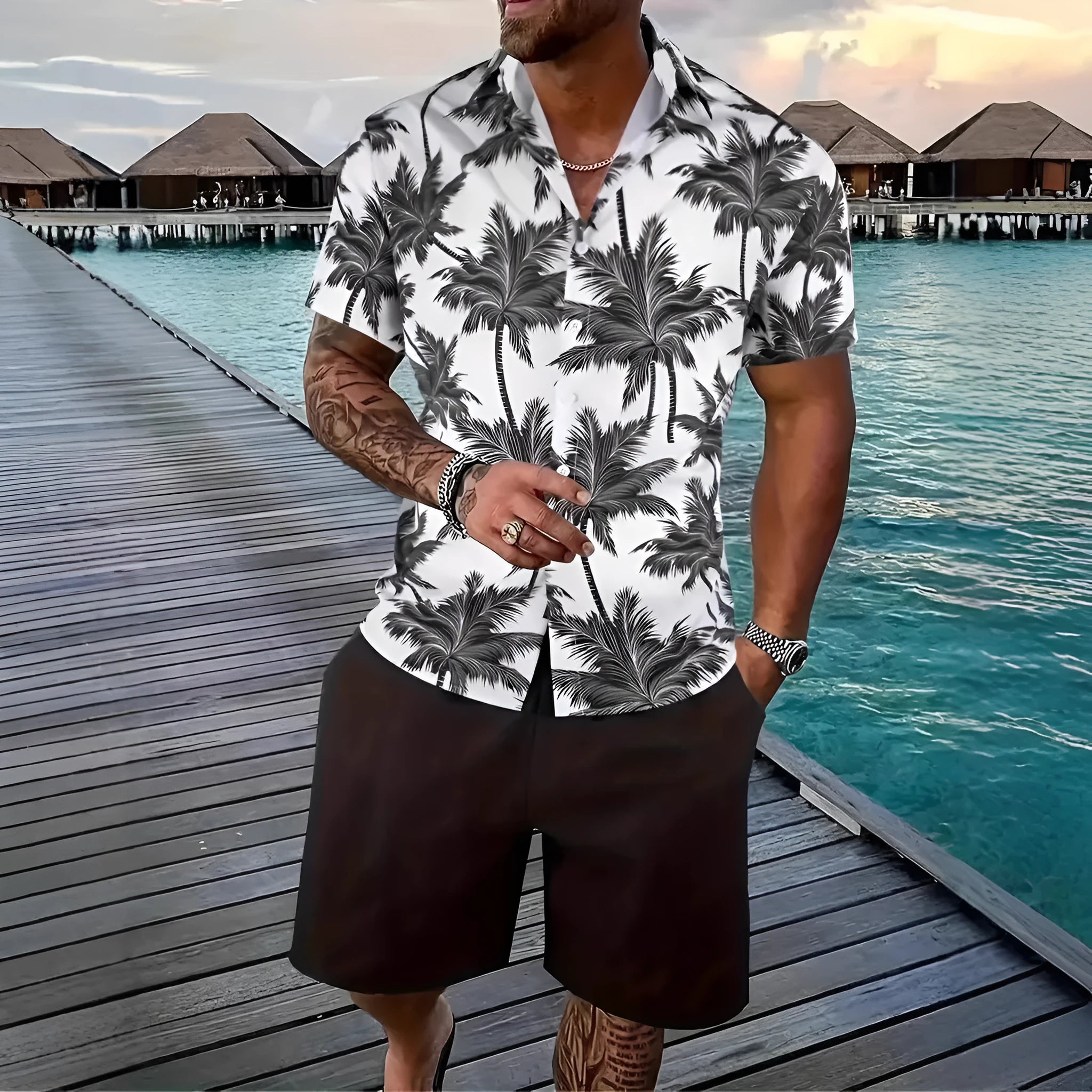 Men's Hawaiian 3D printed short sleeve suit with matching trousers in various colours