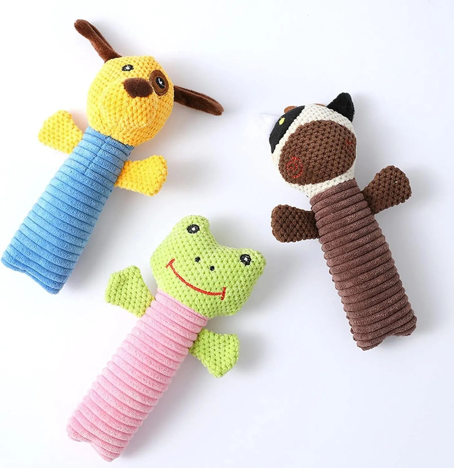 Soft plush squeaky dog chew toy in animal shape for dental care and play.