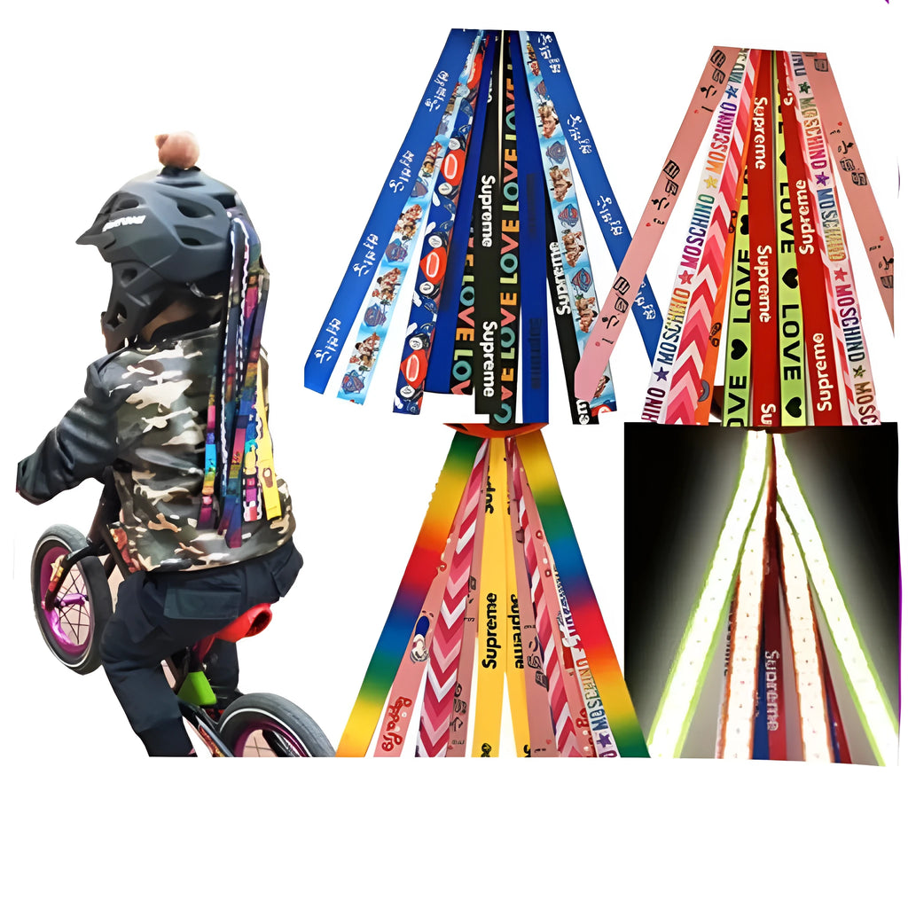 Colourful decorative ribbon streamers attached to a children safety helmet for skating or skiing