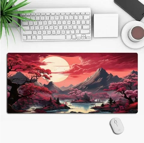 Custom anime graphic gaming mouse pad with non-slip rubber base on a desk.