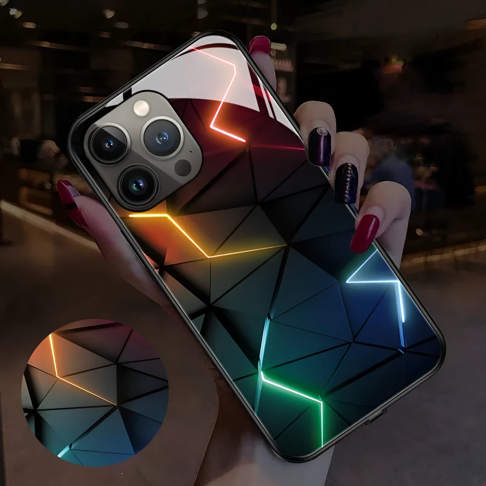 Luminous technology mobile phone case for iPhone with TPU and tempered glass construction