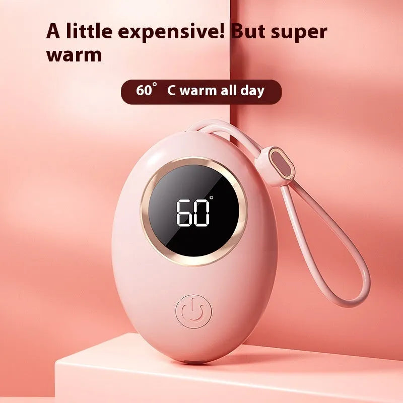 USB hand warmer with digital display showing temperature, aluminium heat dissipation, available in six colours