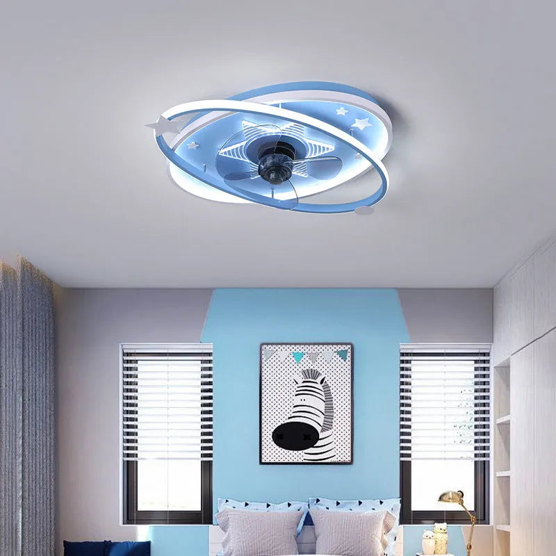 Modern simple blue children's bedroom ceiling fan with light and remote control.