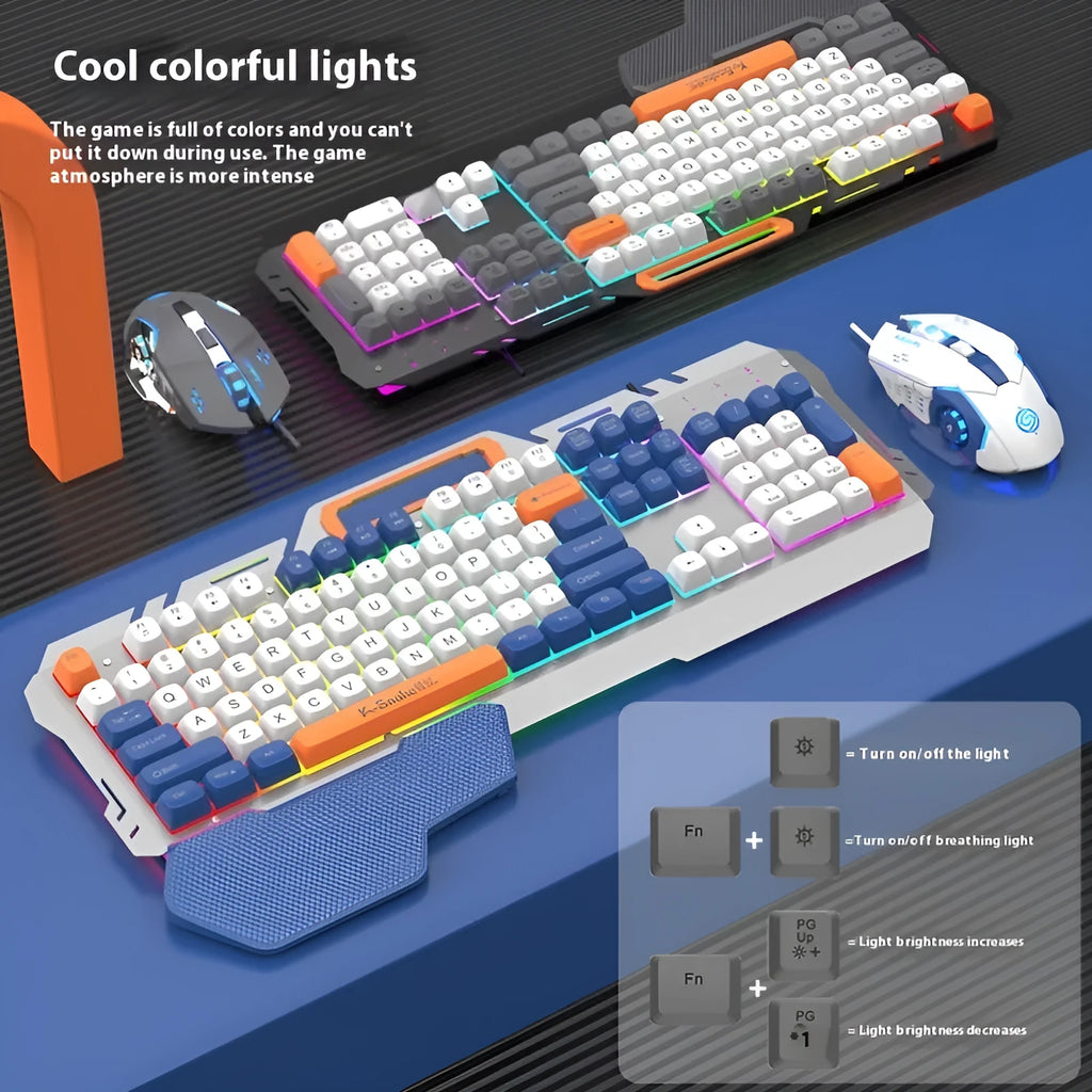 Blue and grey wired gaming keyboard and mouse set with backlit keys on desk