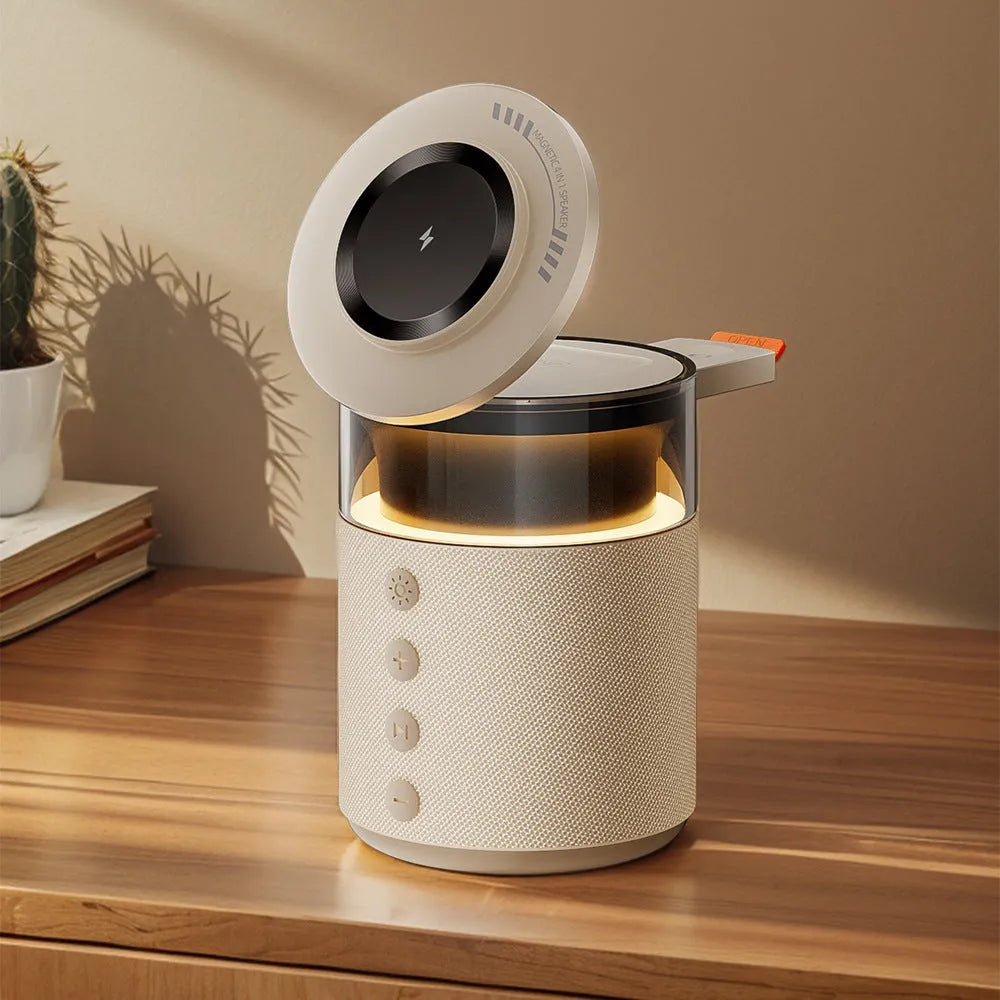 White three-in-one wireless magnetic Bluetooth charger with lighting on a household desk
