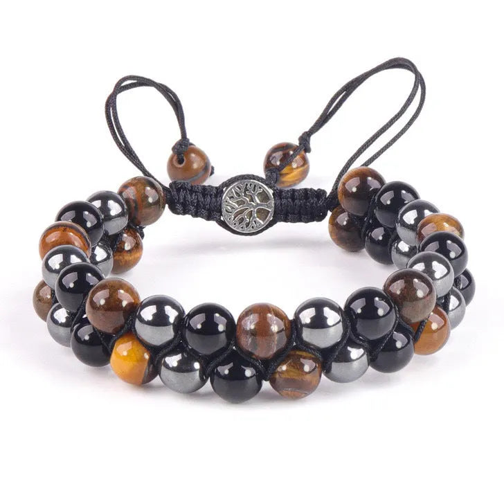 Men's double-layer woven tiger eye stone bracelet with bright magnetic clasp, blue yellow colourway