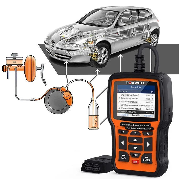 Foxwell NT510 orange and black automotive diagnostic tool with large colour screen and data cable