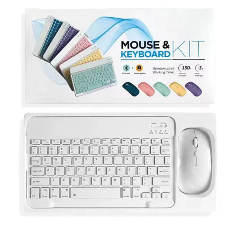 10-inch solid colour Bluetooth keyboard and rechargeable dual-mode mouse set on a desk.
