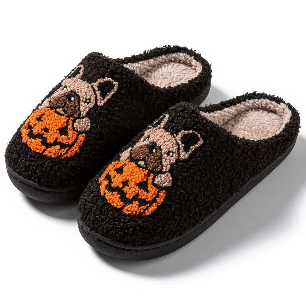 Halloween pumpkin pattern slippers with plush velvet cotton upper and TPR rubber soles