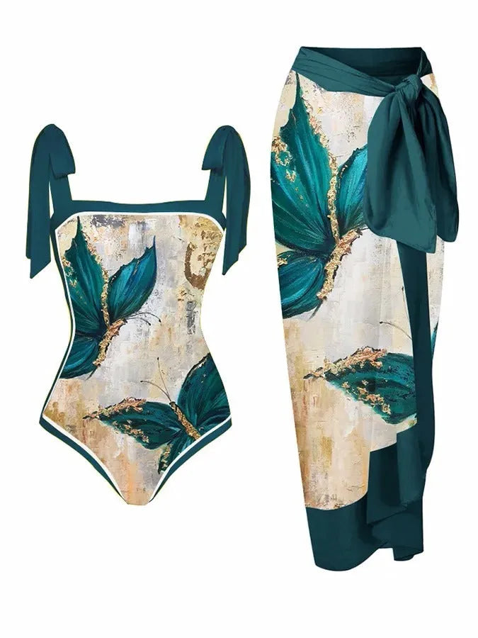 Women's two-piece floral printed polyester swimsuit with matching hip skirt in conservative style