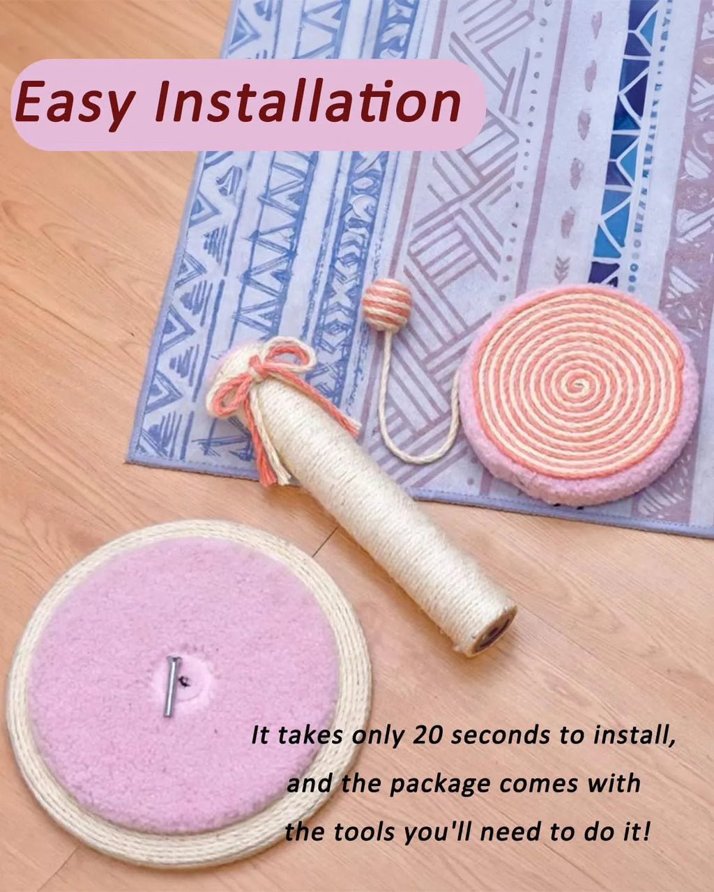 Cat scratching post with natural sisal rope surface and hanging ball toy on heavy-duty stable base