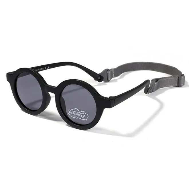 Children's silicone sunglasses with round frames for 0-3 year olds in multiple colour options showing UV400 and polarized protection