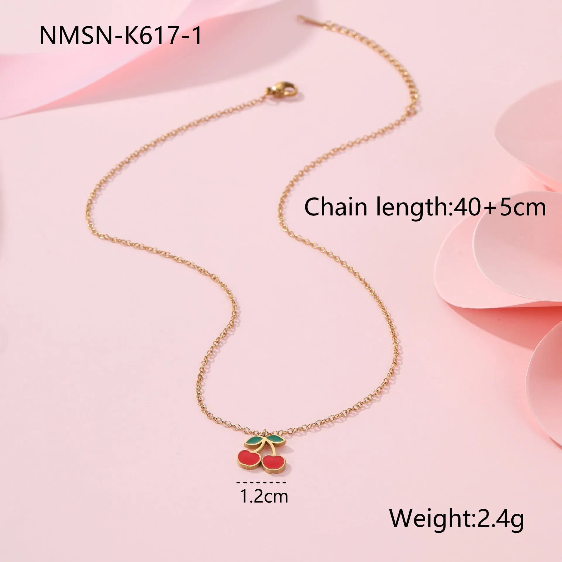 Cherry jewellery set showing necklace, bracelet, earrings, and ring with 18K gold electroplating on stainless steel