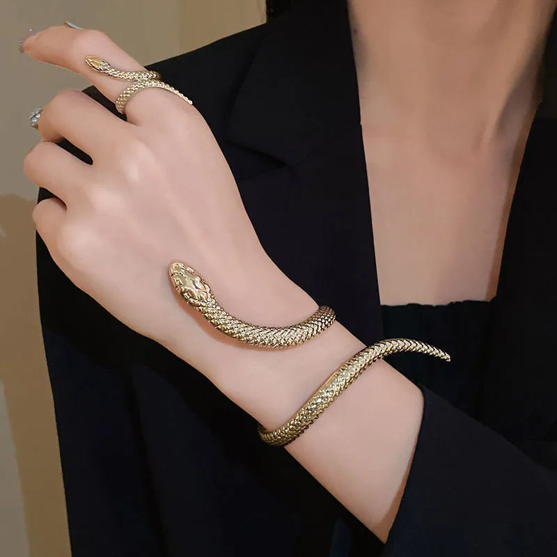 Gold and silver twisted snake opening ring and bracelet jewellery set