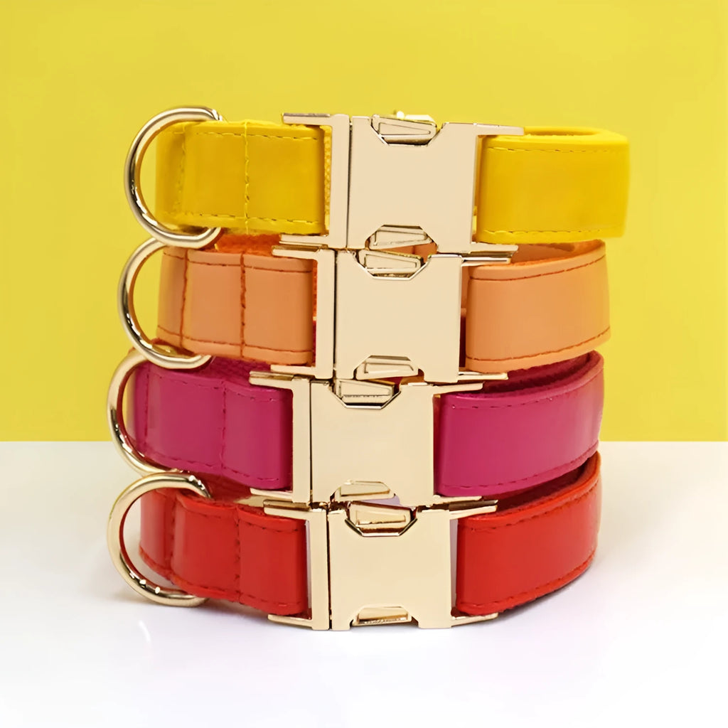 Simple colour blocking velvet leather dog collar in caramel colour with size tag