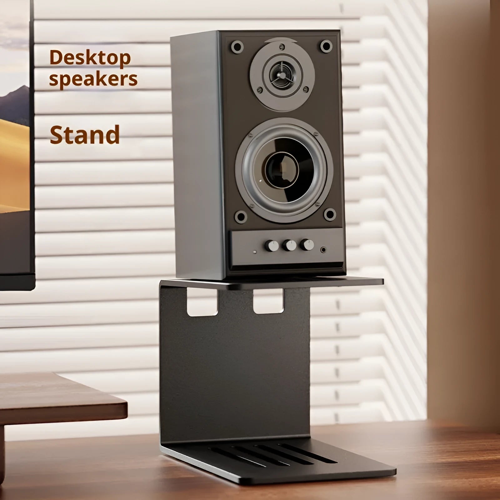 Black carbon steel single-layer desktop audio elevated rack with a speaker on top