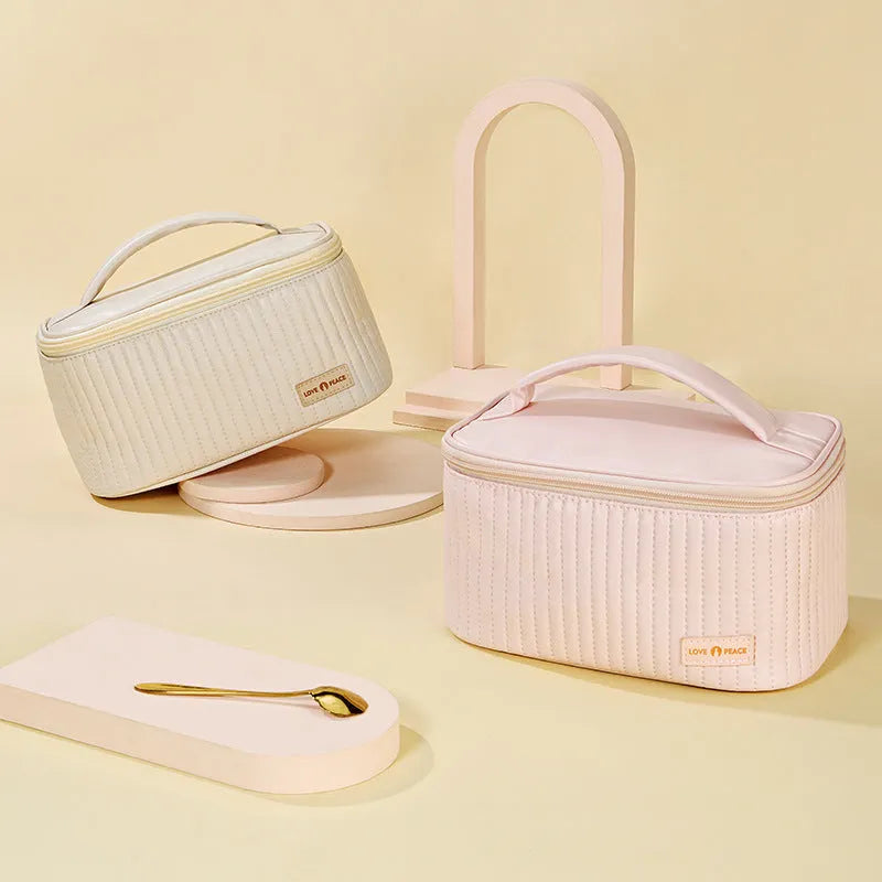Open-top solid colour PU leather makeup bag in a choice of six colours.