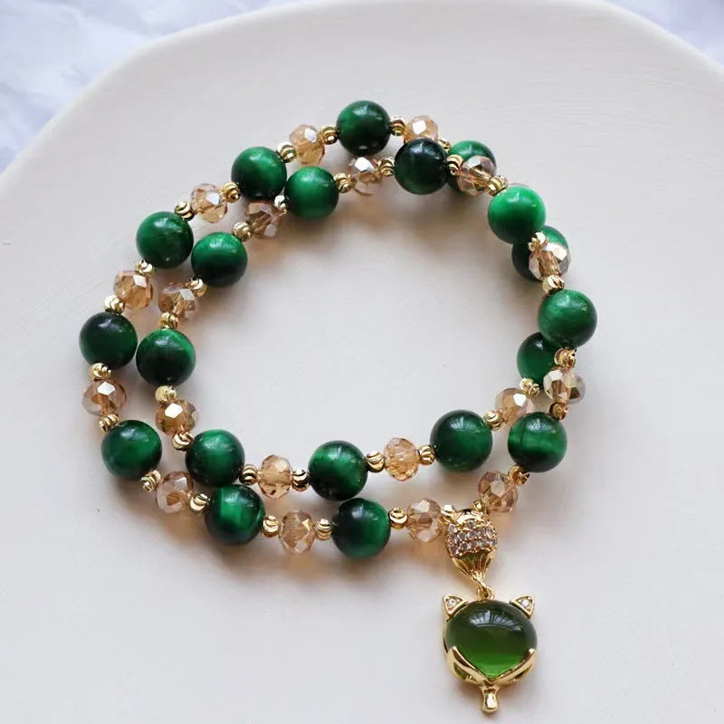 Handmade natural Vanves stone and Tigereye bead bracelet on single or double chain in green or rose red.