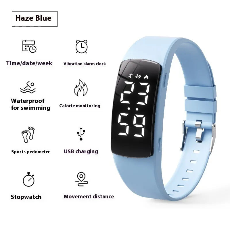 Electronic vibration alarm watch with LED display and silicone strap showing waterproof rating of 50 metres