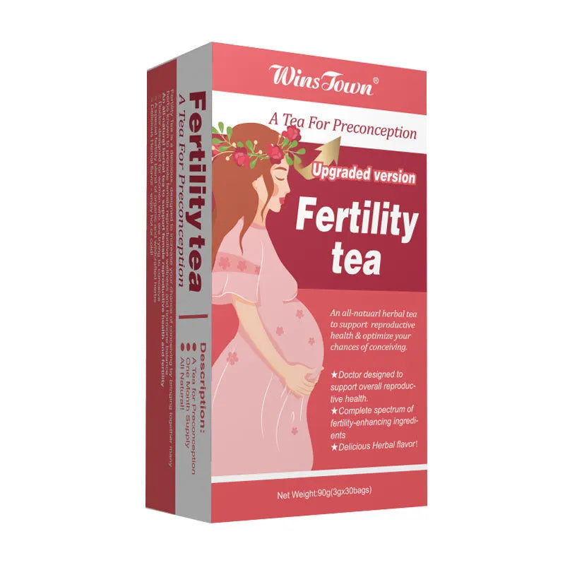 Box of fertility tea containing three packs with 30 tea bags each for reproductive health support