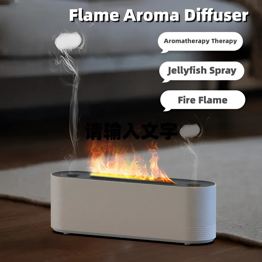 Black ultrasonic humidifier with LED flame lighting and water mist emission