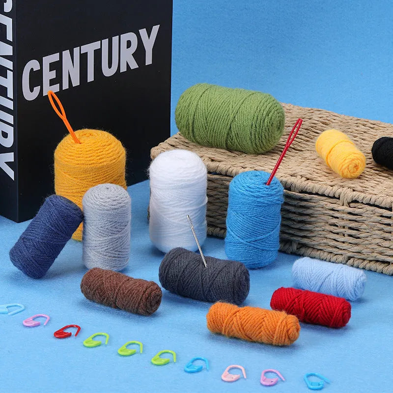Ugly doll crocheted material package with white wool blend yarn ball and blue-yellow coaster model