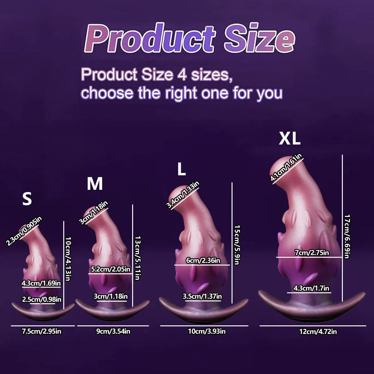 Liquid silicone masturbator sleeve in purple, gold, or black, shown in sizes S, M, L, and XL.