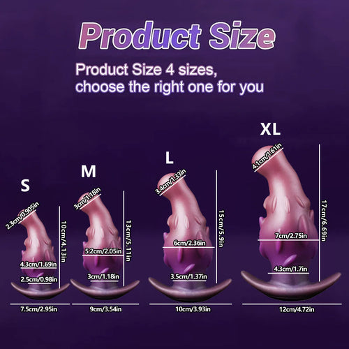 Liquid silicone masturbator sleeve in purple, gold, or black, shown in sizes S, M, L, and XL.