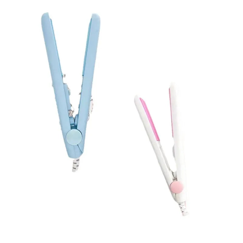 Mini hair straightener with storage box in choice of blue, pink, purple, white or yellow colour