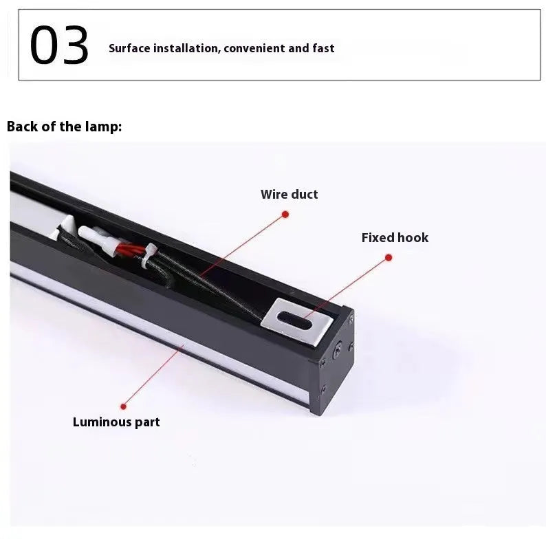 Black 80cm aluminium LED strip wall lamp mounted on a wall, demonstrating its slotted-free design.