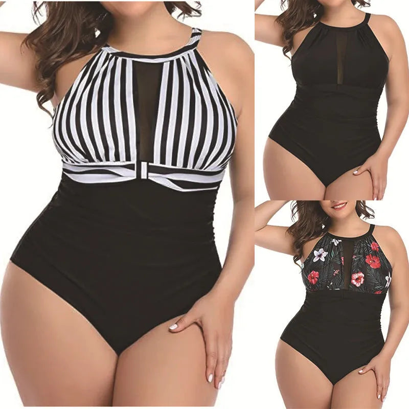 Women's black lace one-piece swimsuit on a mannequin, plus size swimwear option