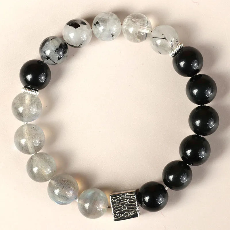 Khaki polished crystal couple bracelet with 10mm geometric beads in Chinese style
