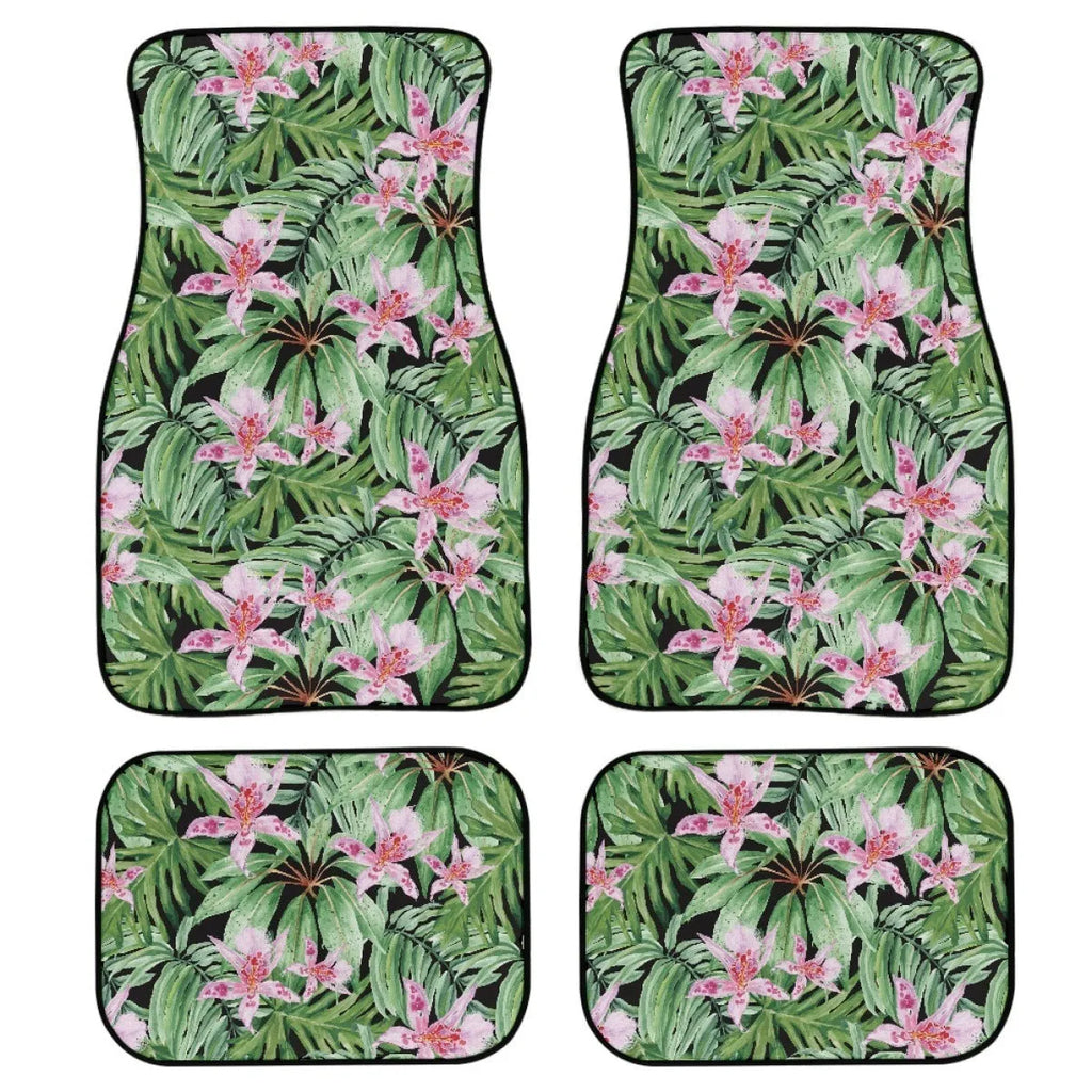 Black printed rubber car foot mat set showing 20mm thickness and waterproof texture for universal vehicle fit
