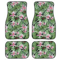 Black printed rubber car foot mat set showing 20mm thickness and waterproof texture for universal vehicle fit